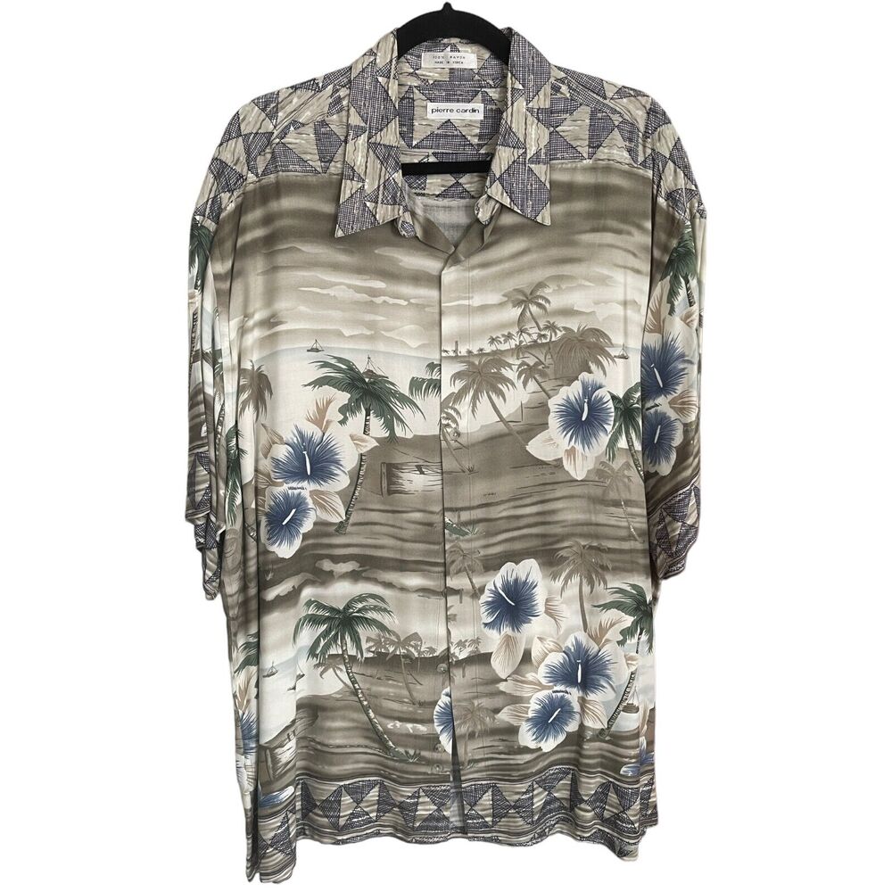 Vintage Pierre Cardin Rayon Hawaiian Shirt Grey Blue Island Beach Aloha XL